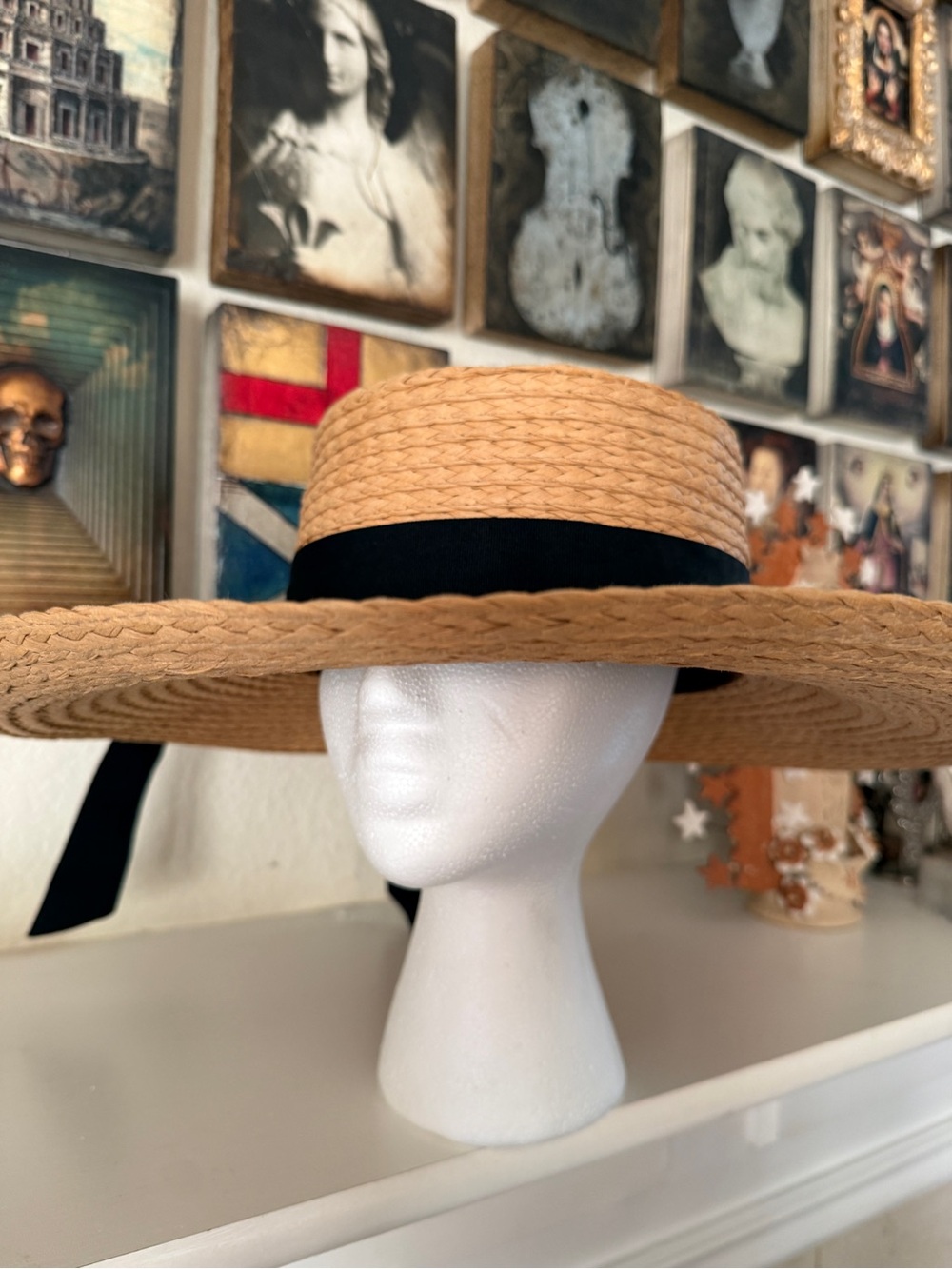BIGALLI Straw Boater‎ Hat – Size Medium – Wide Brim with Black Ribbon & Back Bow